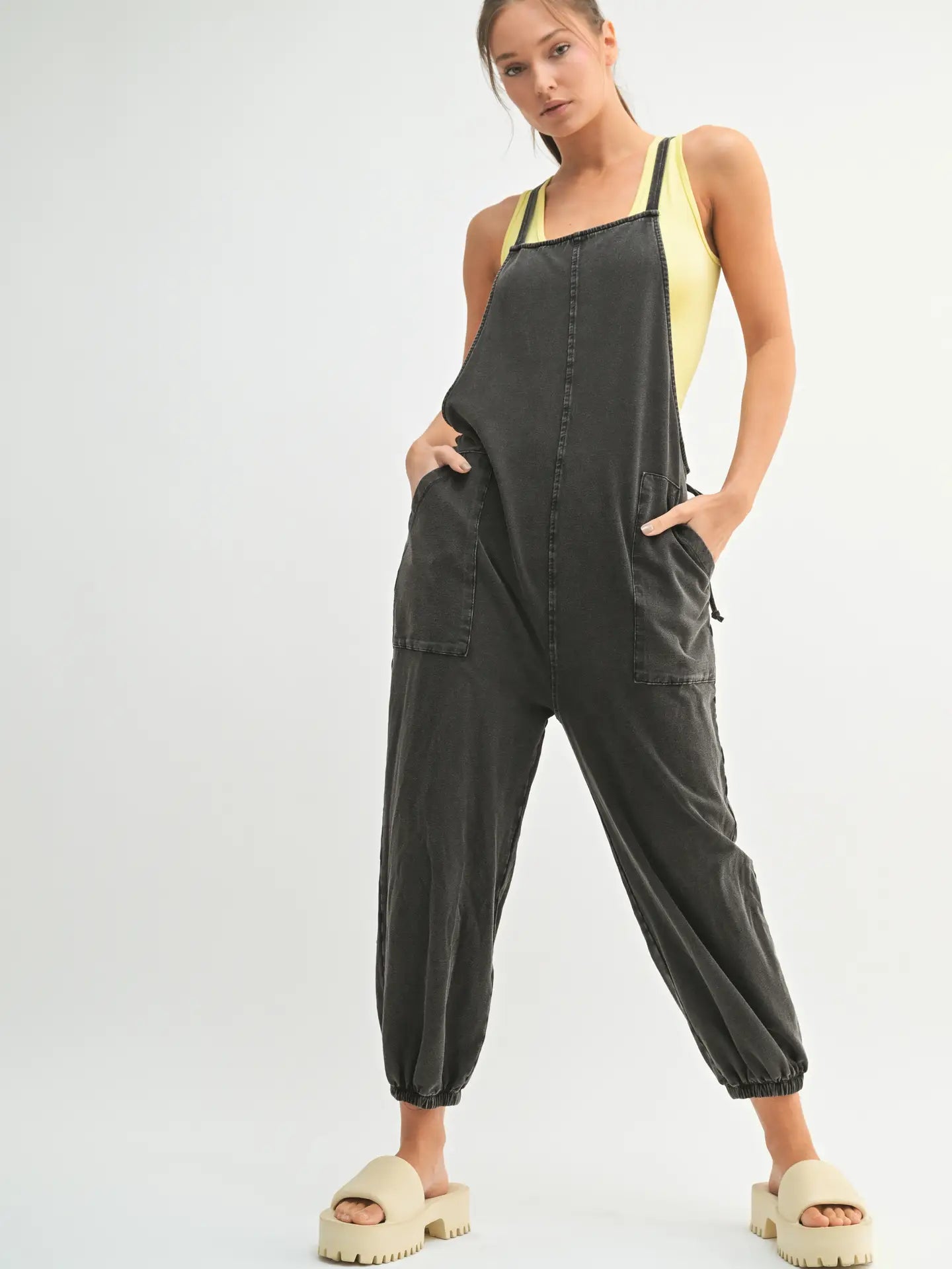 Cinch and slouch cotton overalls