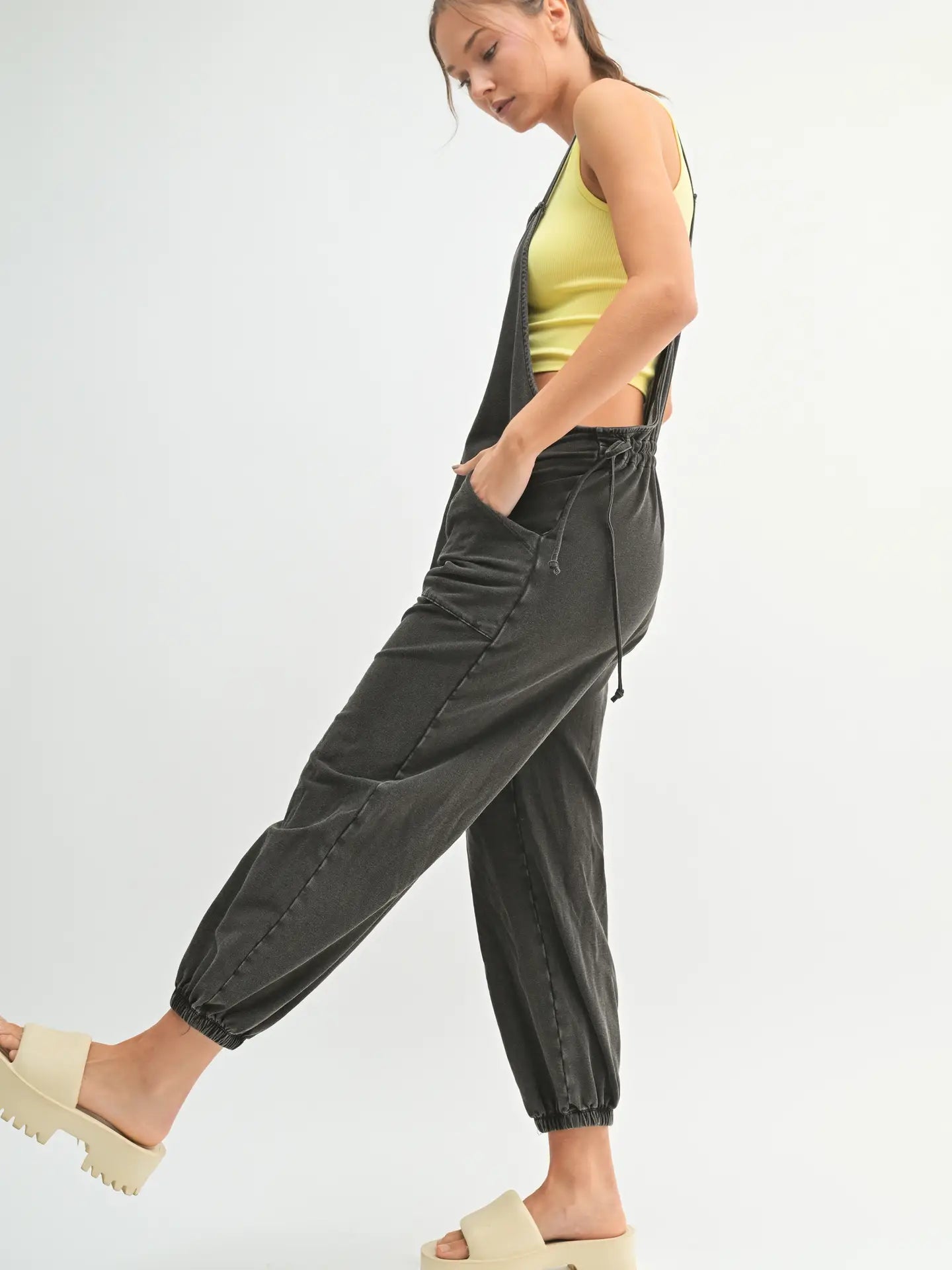 Cinch and slouch cotton overalls