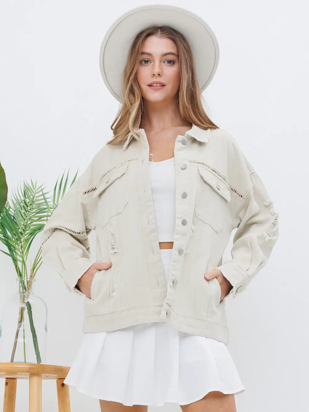 Washed Trim Detail Snap Up Twill Distressed Jacket