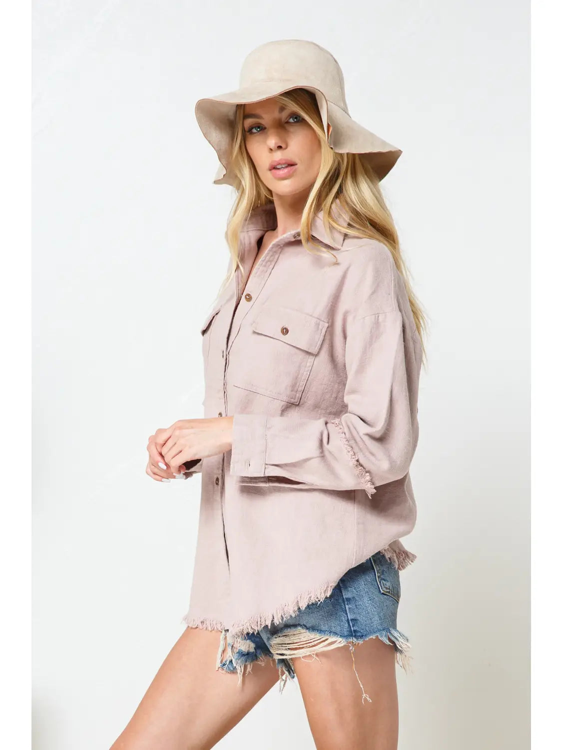 Linen Feel Frayed Detail Button Up Shirt
