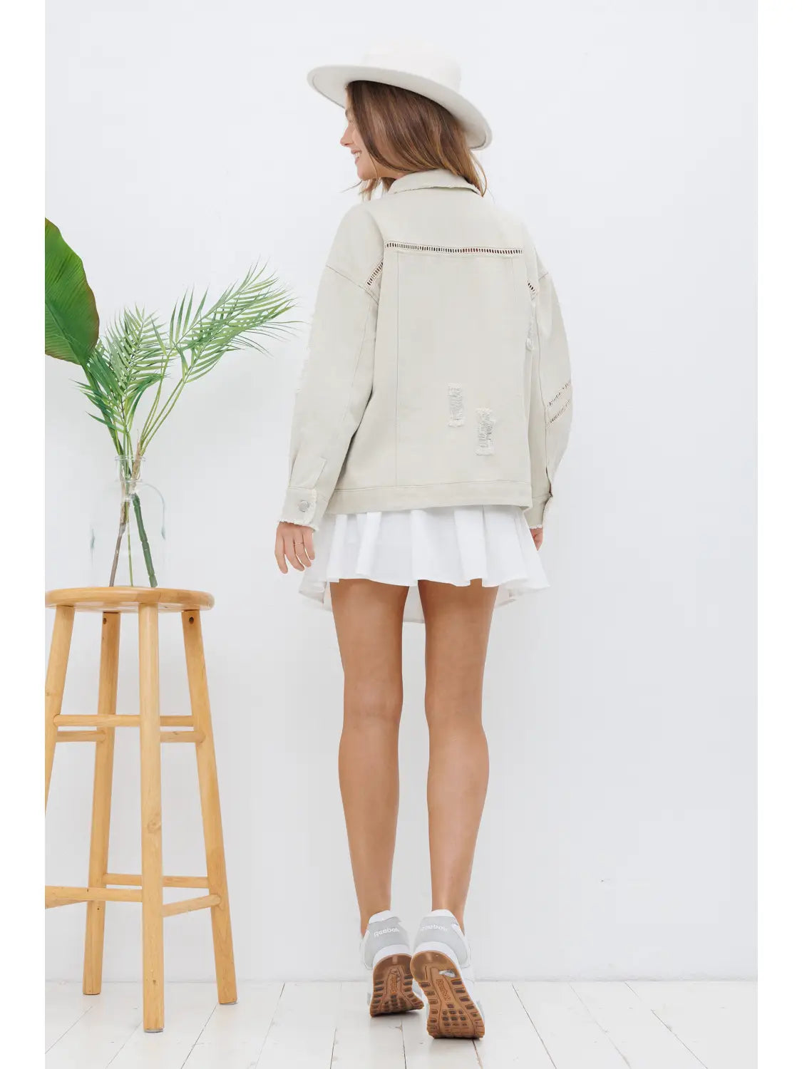 Washed Trim Detail Snap Up Twill Distressed Jacket