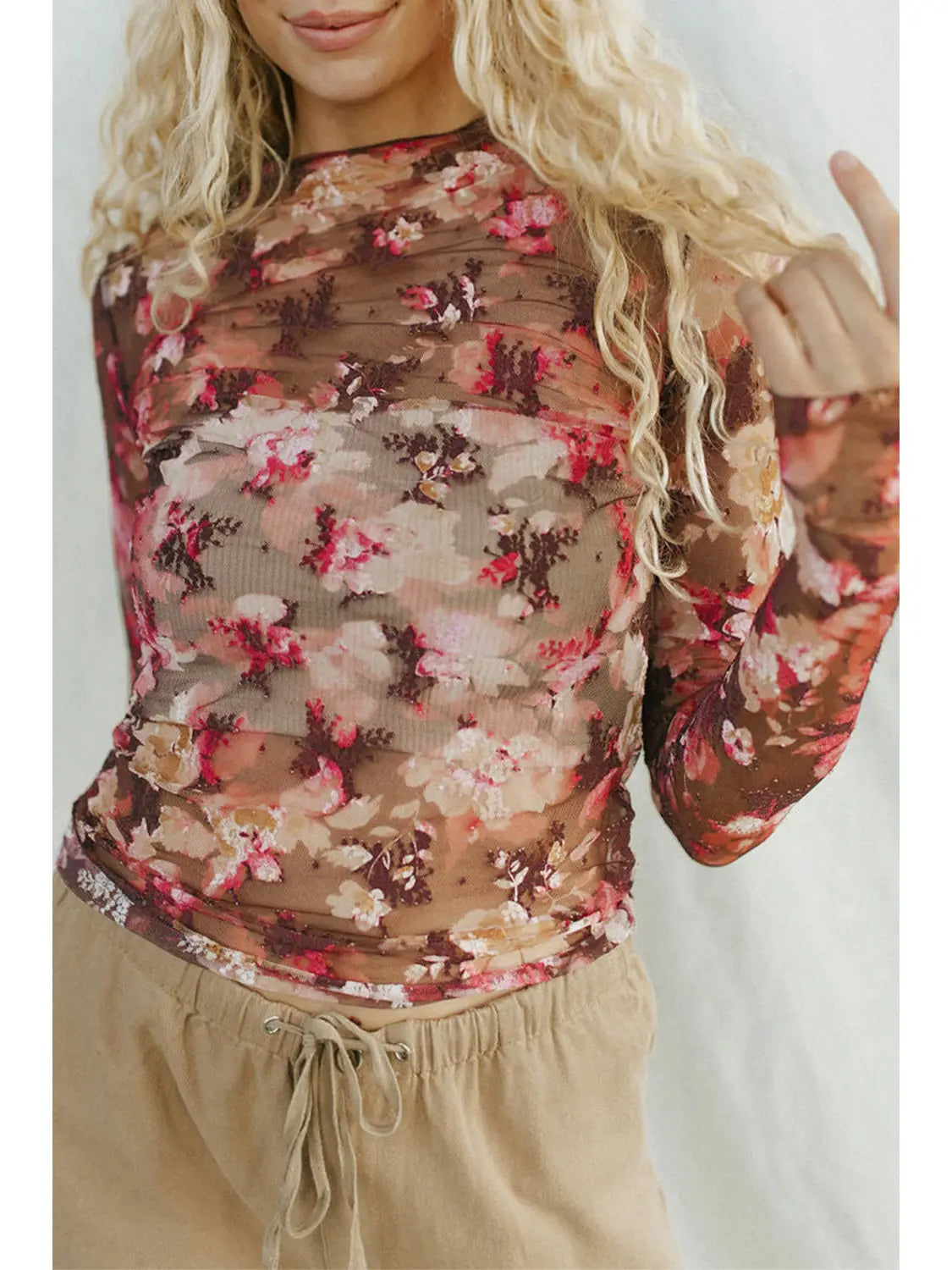 Mesh long sleeve floral top