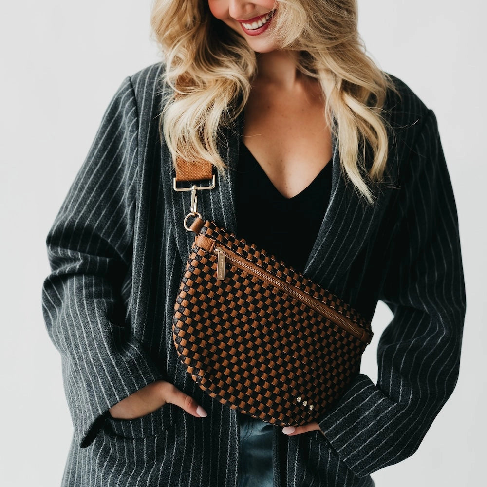 Brown and black woven bum bag
