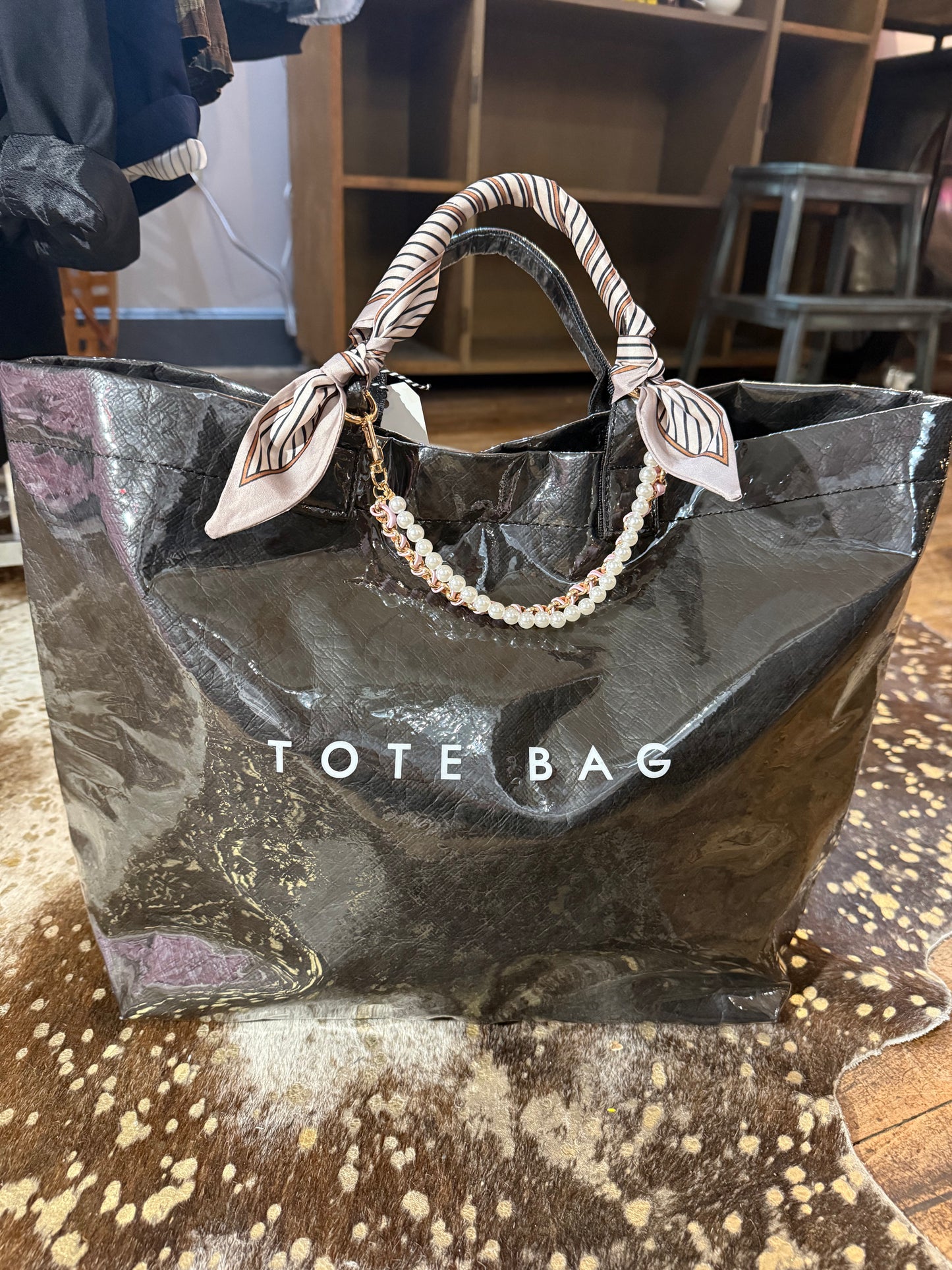 Black Handbag with striped tie